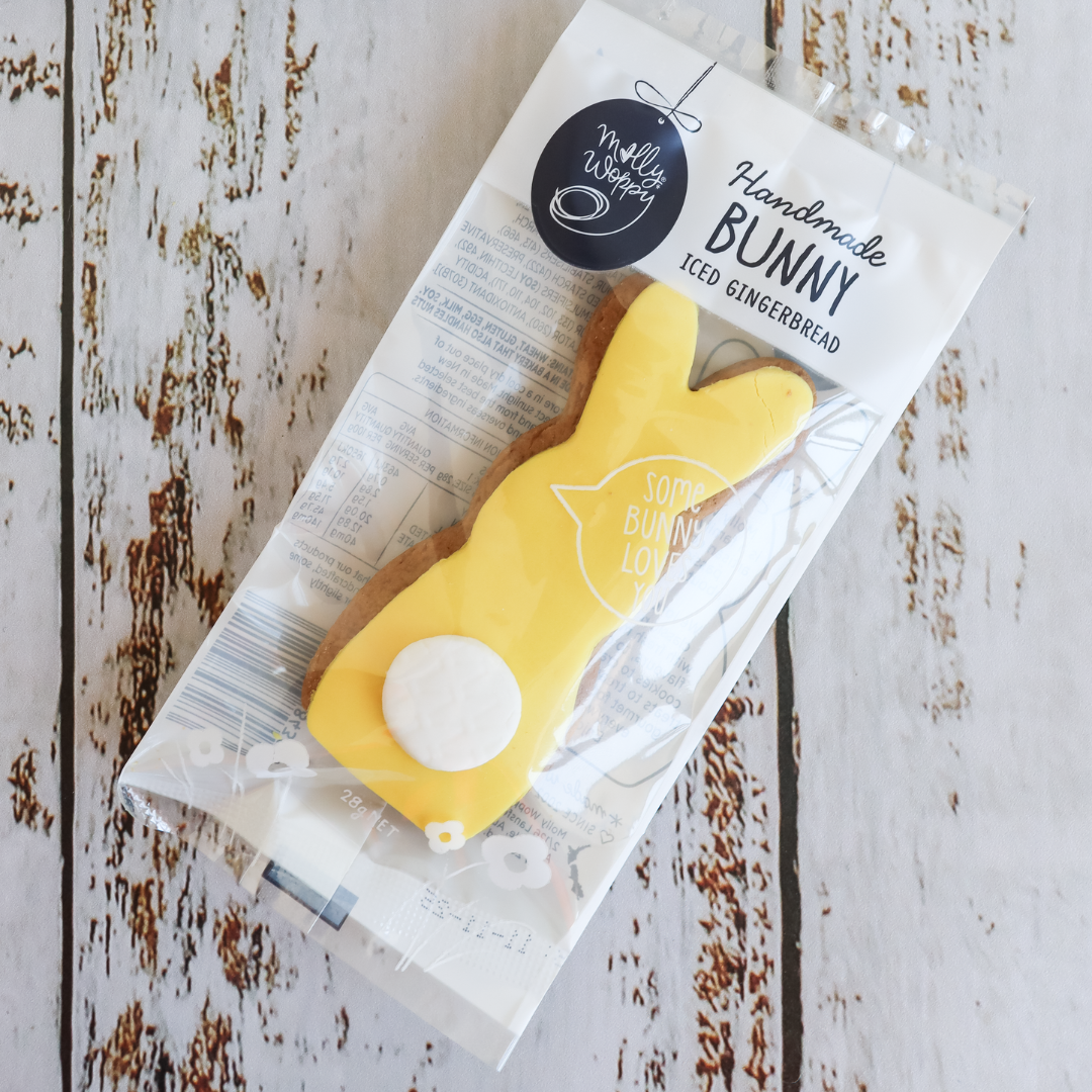 Molly Woppy handmade yellow iced gingerbread bunny cookie for Easter gift boxes