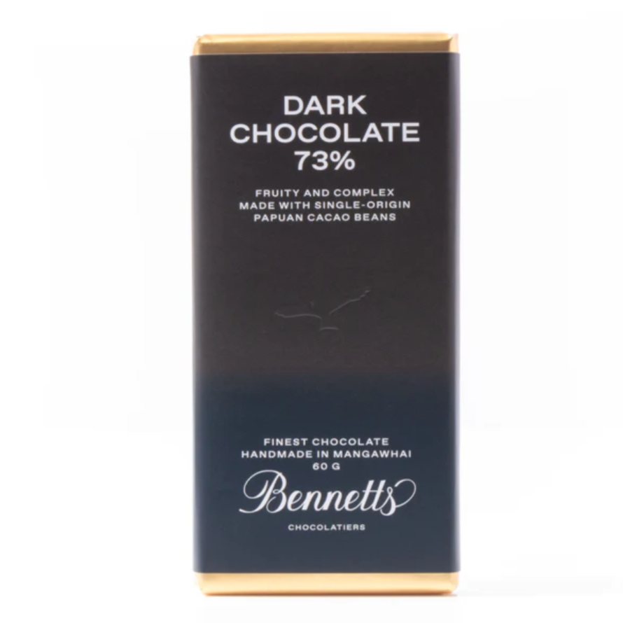 Bennetts 73 percent dark chocolate bar NZ made premium chocolate