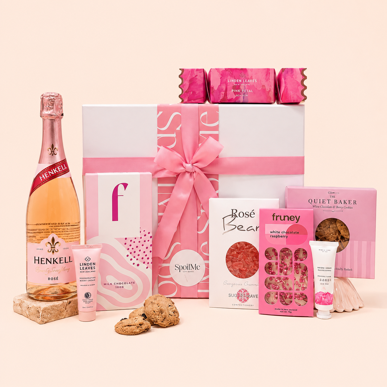 In Bloom pink gift box with sparkling wine chocolate and Linden Leaves pamper treats
