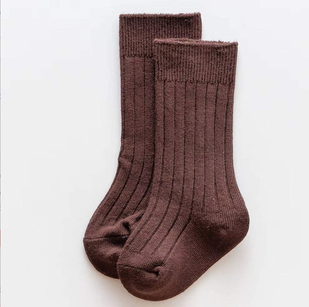 Cocoa brown knee high baby socks in soft ribbed cotton
