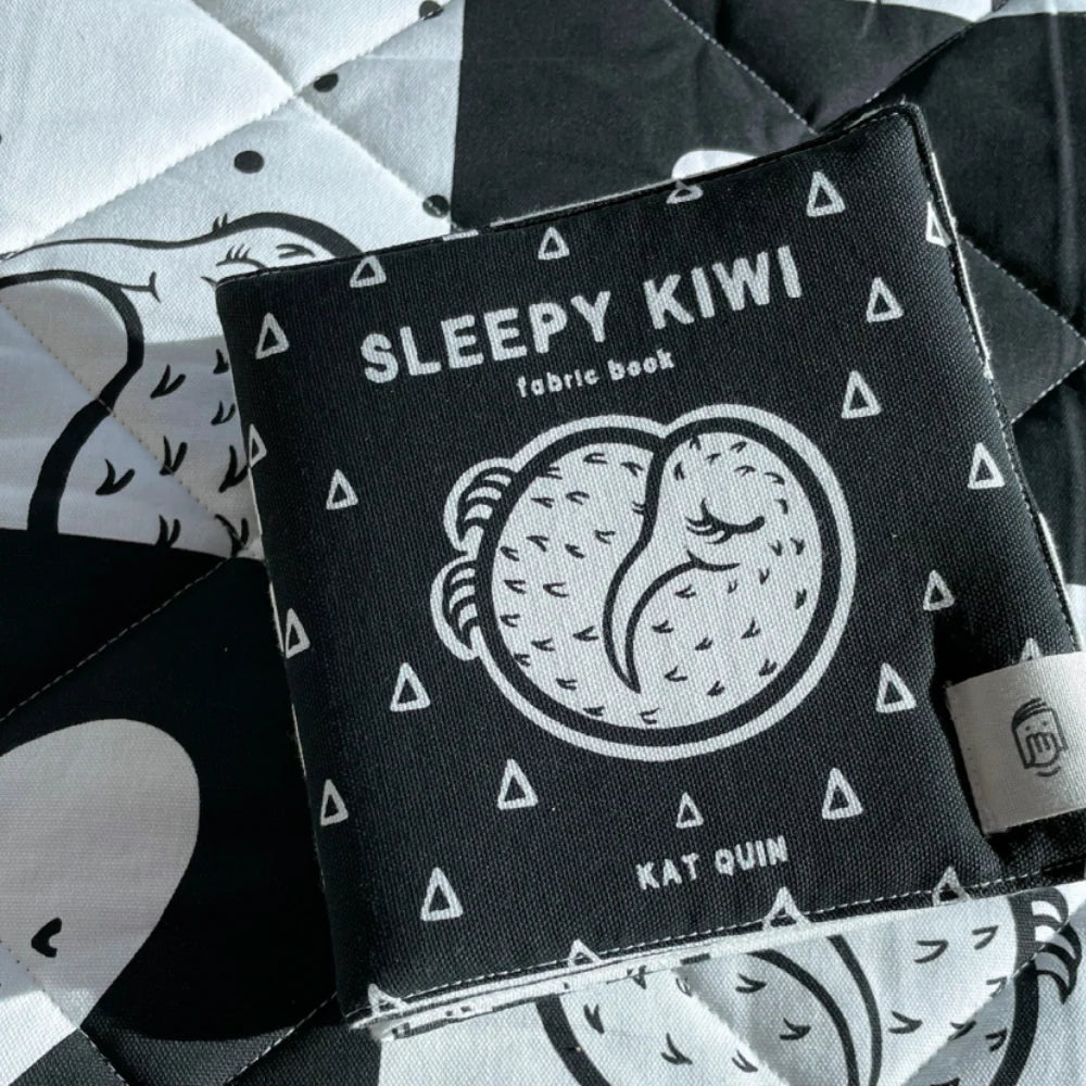 Sleepy Kiwi black and white fabric baby book by Kat Quin
