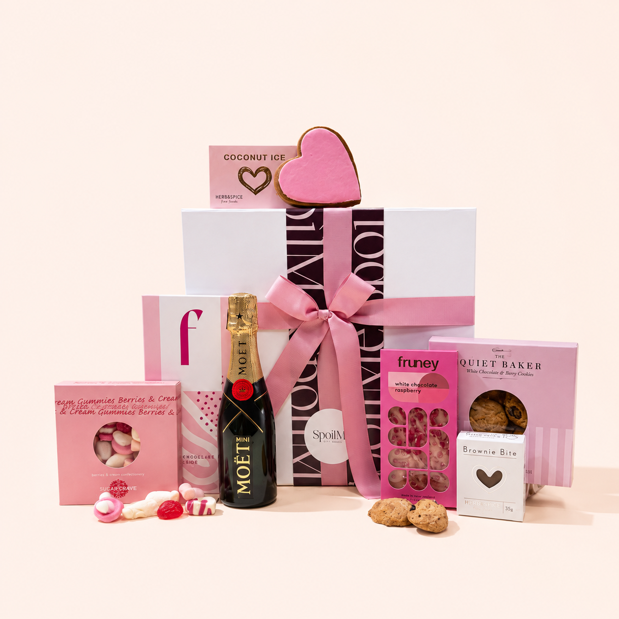 Sweet Gift Box with Mini Moët Champagne pink lollies chocolate and cookies