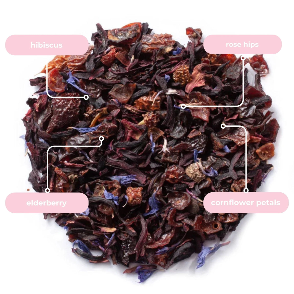 Hibiscus Rose herbal tea with hibiscus rose hips and cornflower petals