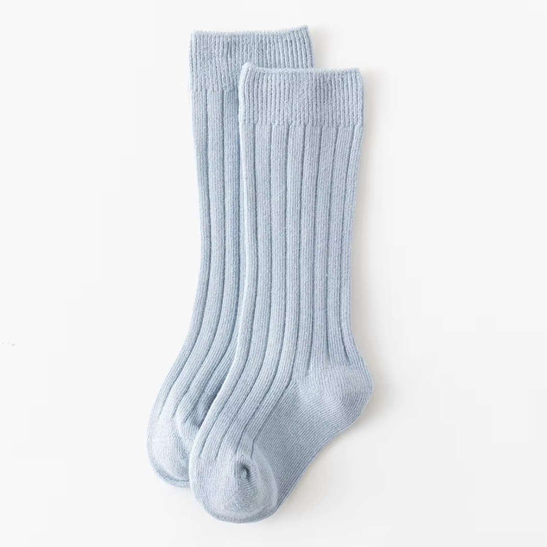 Flow + Fox Bluebell baby blue knee high baby socks in soft ribbed cotton