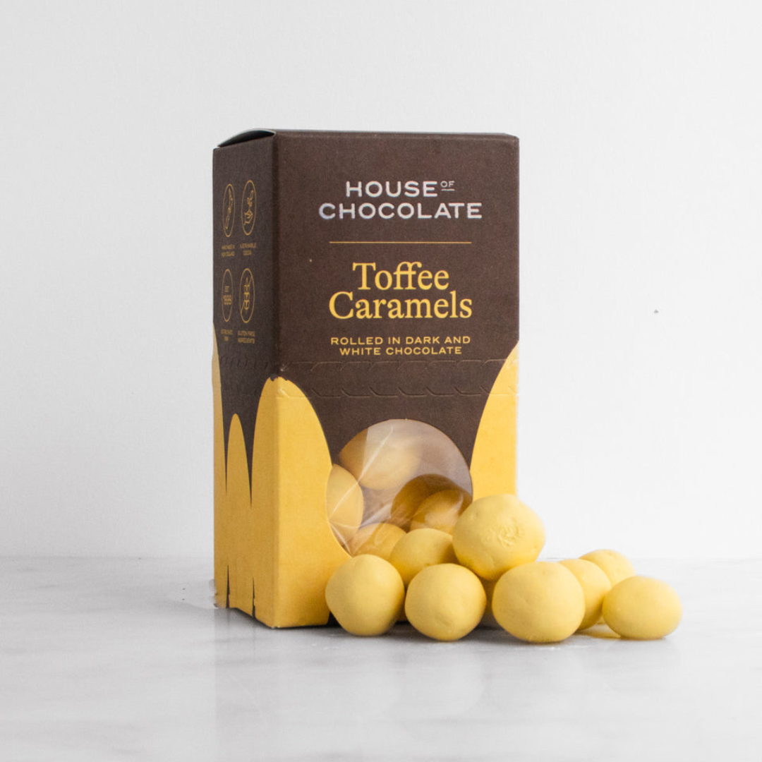 House of Chocolate toffee caramel dragees coated in dark and white chocolate
