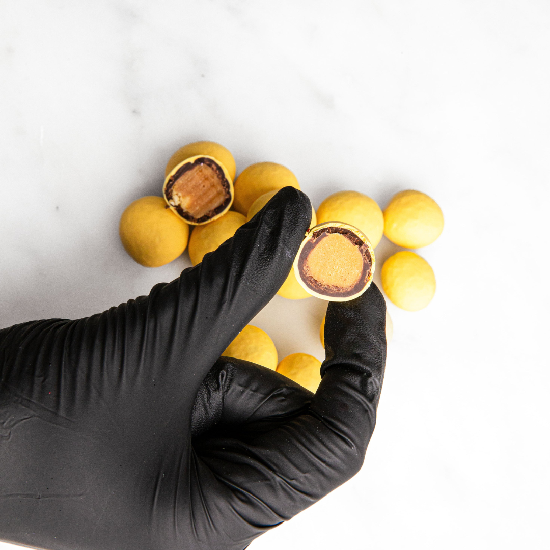 House of Chocolate caramel dragees double coated in dark and white chocolate