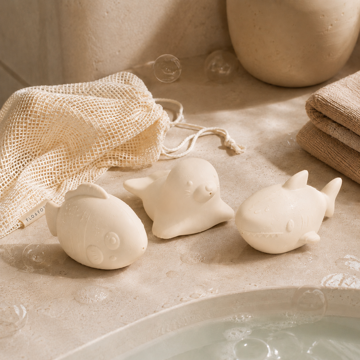 Flo & Fox Ocean Pals Nude silicone baby bath toys with drawstring bag