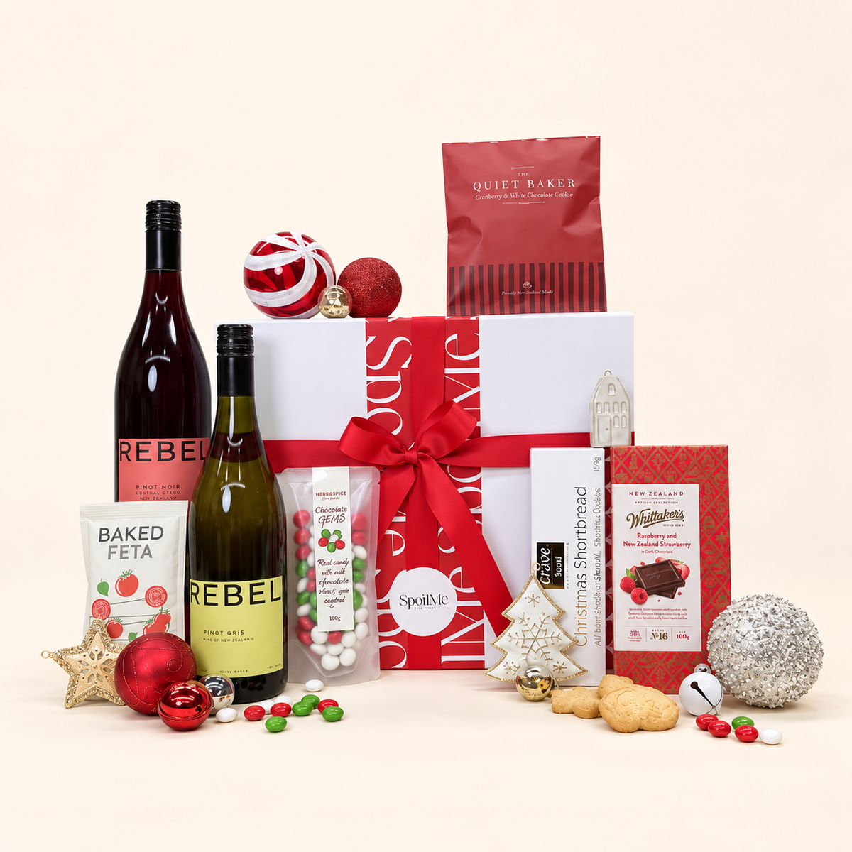 Christmas wine hamper NZ with two bottles of wine and festive treats