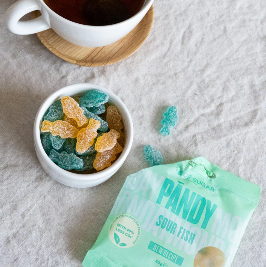 Swedish sour fish candy in yellow and blue, perfect for gift boxes