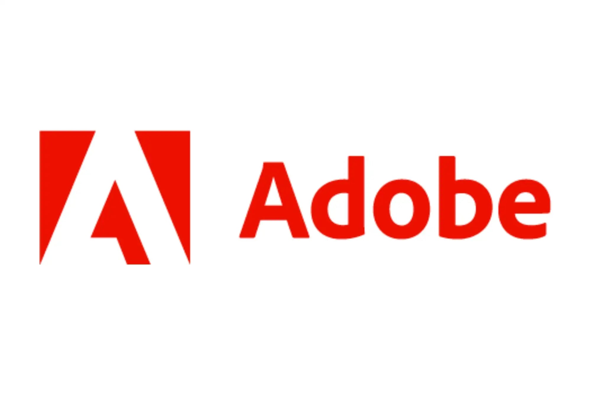 Adobe logo featuring a bold red stylized ’a’ icon next to the word ’adobe’ in matching red lettering.