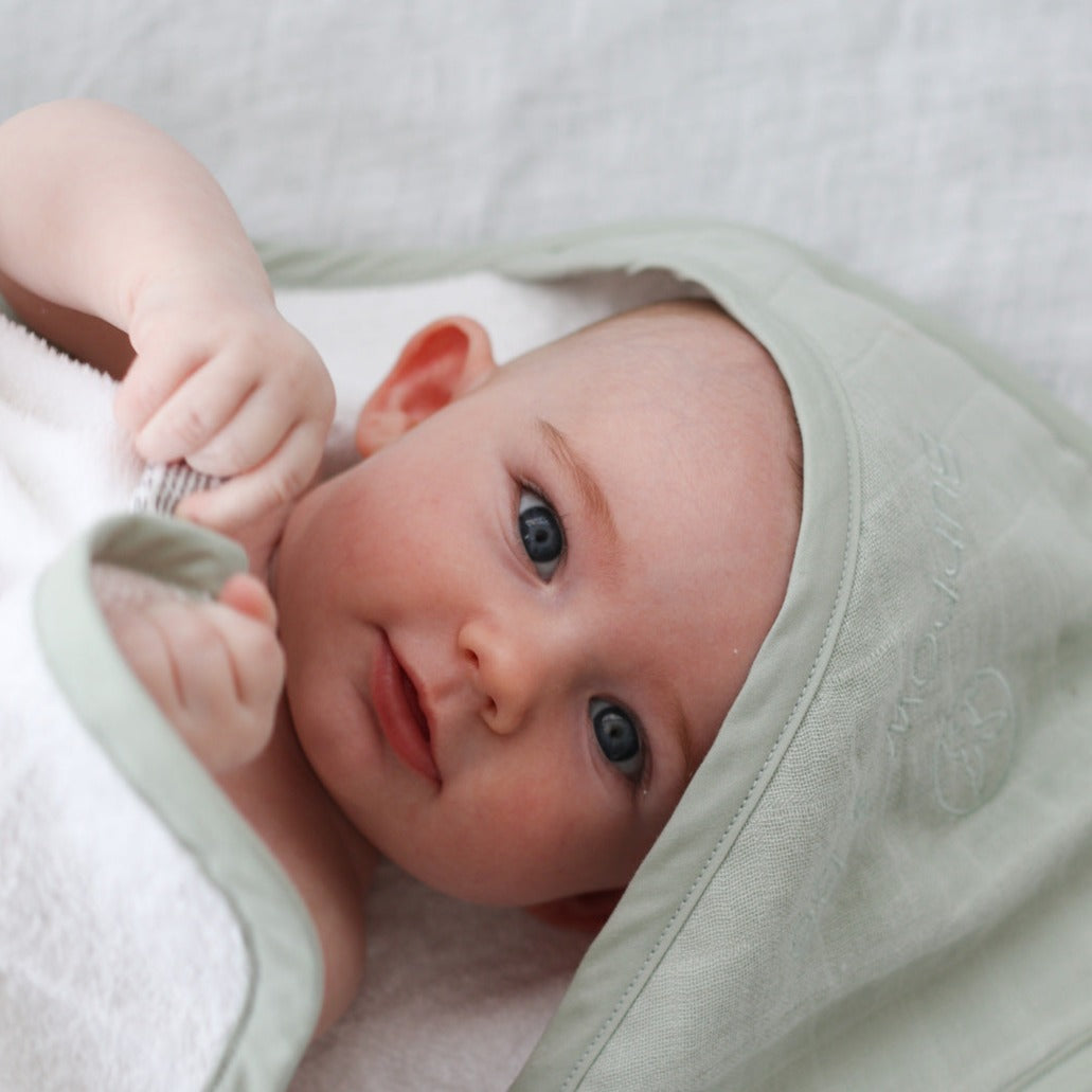 Baby hooded towel // sage - gift box nz