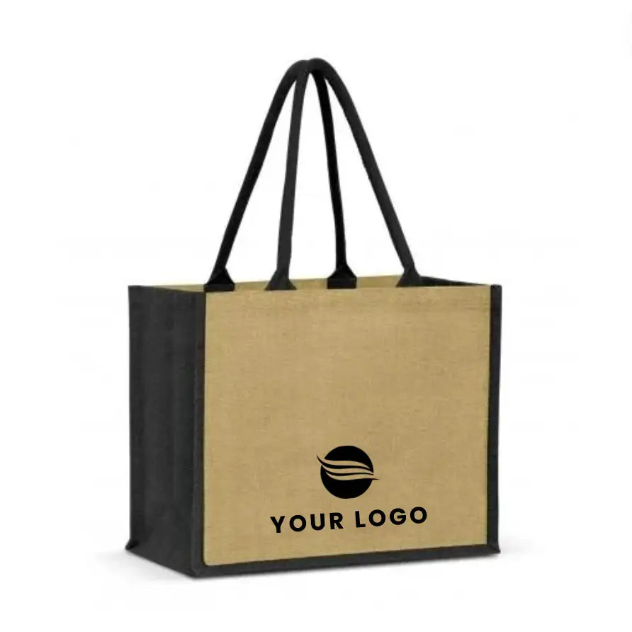 A beige and black jute tote bag with sturdy handles.