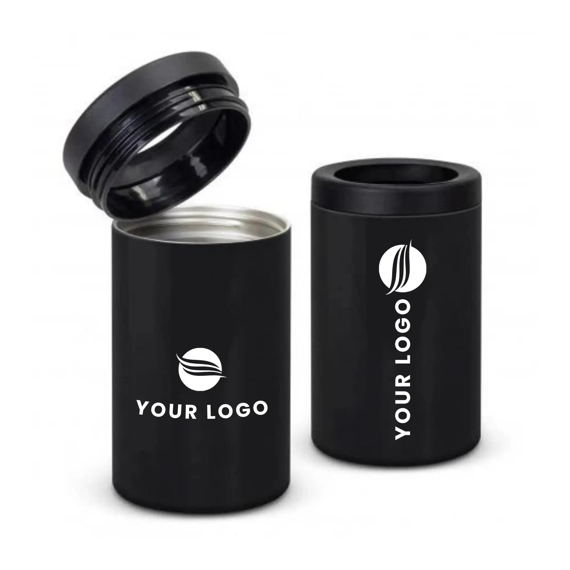 Black cylindrical insulated canister with a sleek matte finish and white logo imprint.