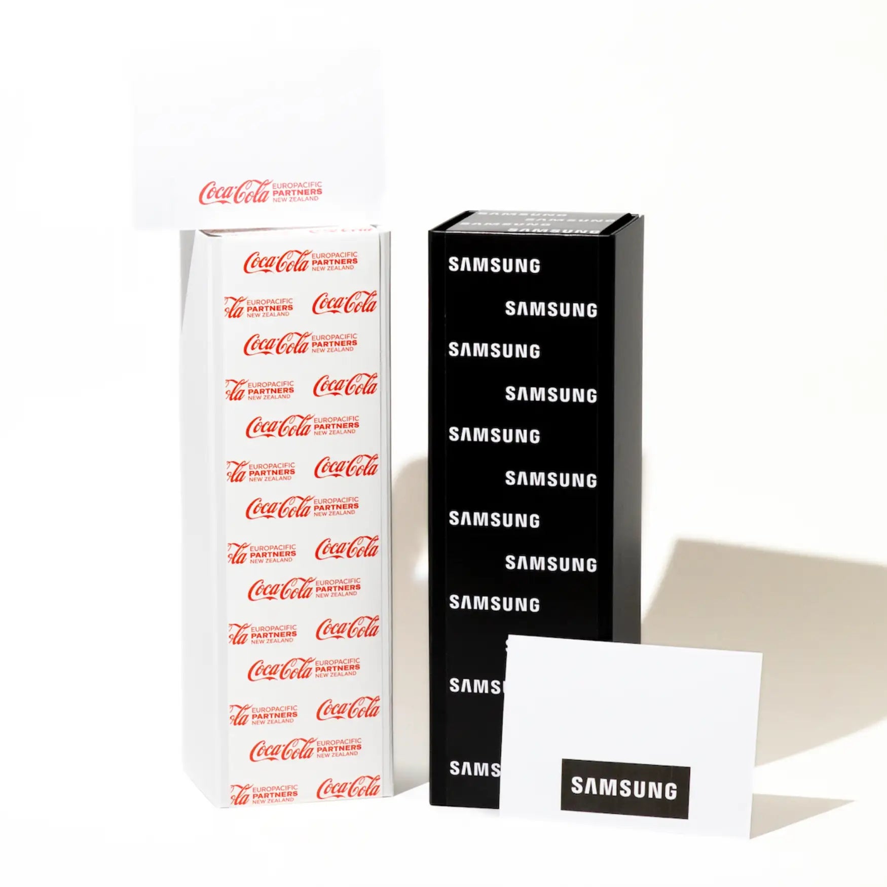 Black samsung branded box with white text and a matching black-and-white card
