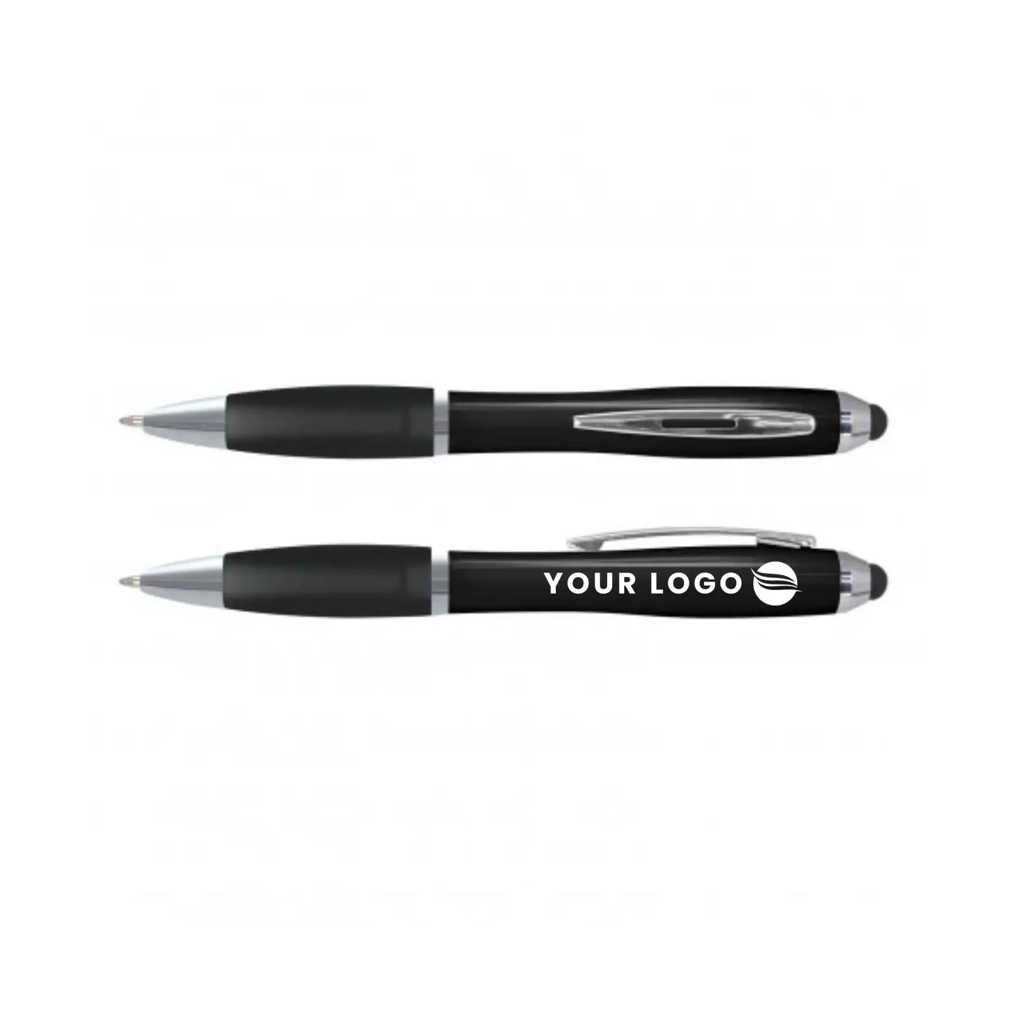 Black stylus pen with silver accents and a customizable logo imprint.