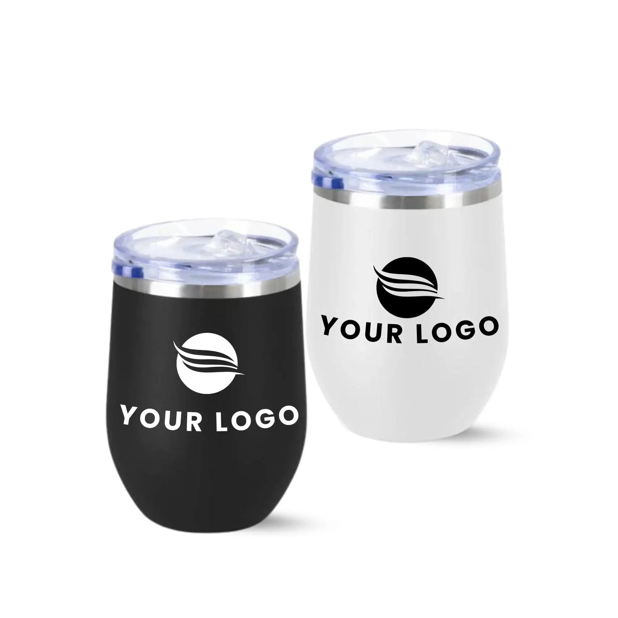 Black and white insulated wine tumblers with clear lids and silver rims, featuring customizable logo decals.
