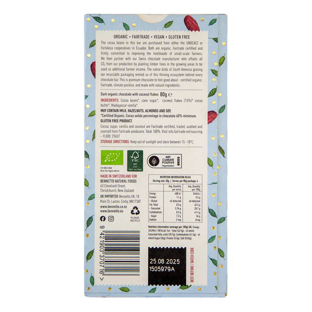 Coconut flakes dark chocolate bar - gift box nz