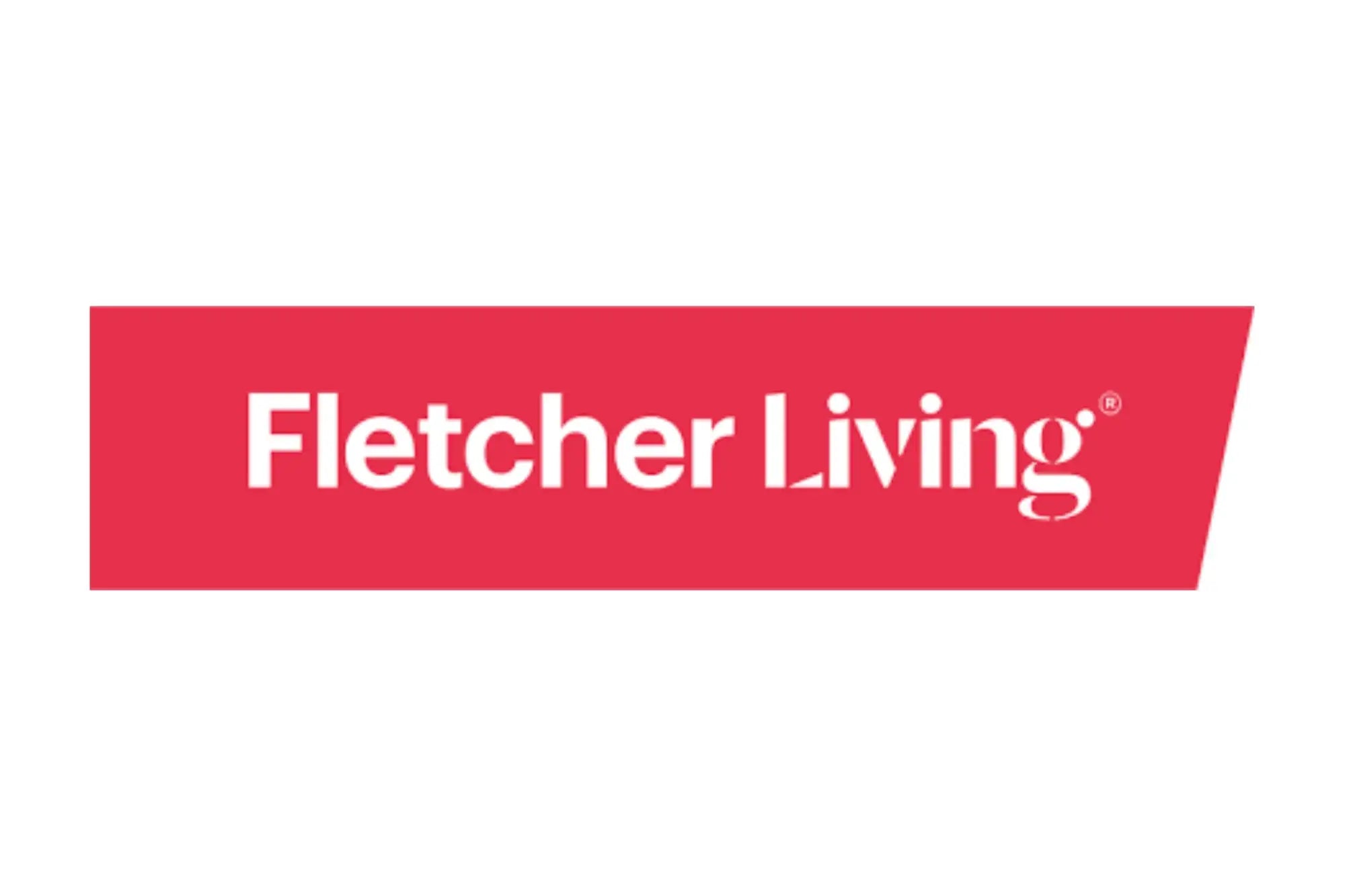 Fletcher living logo on a vibrant red rectangular background with white text.