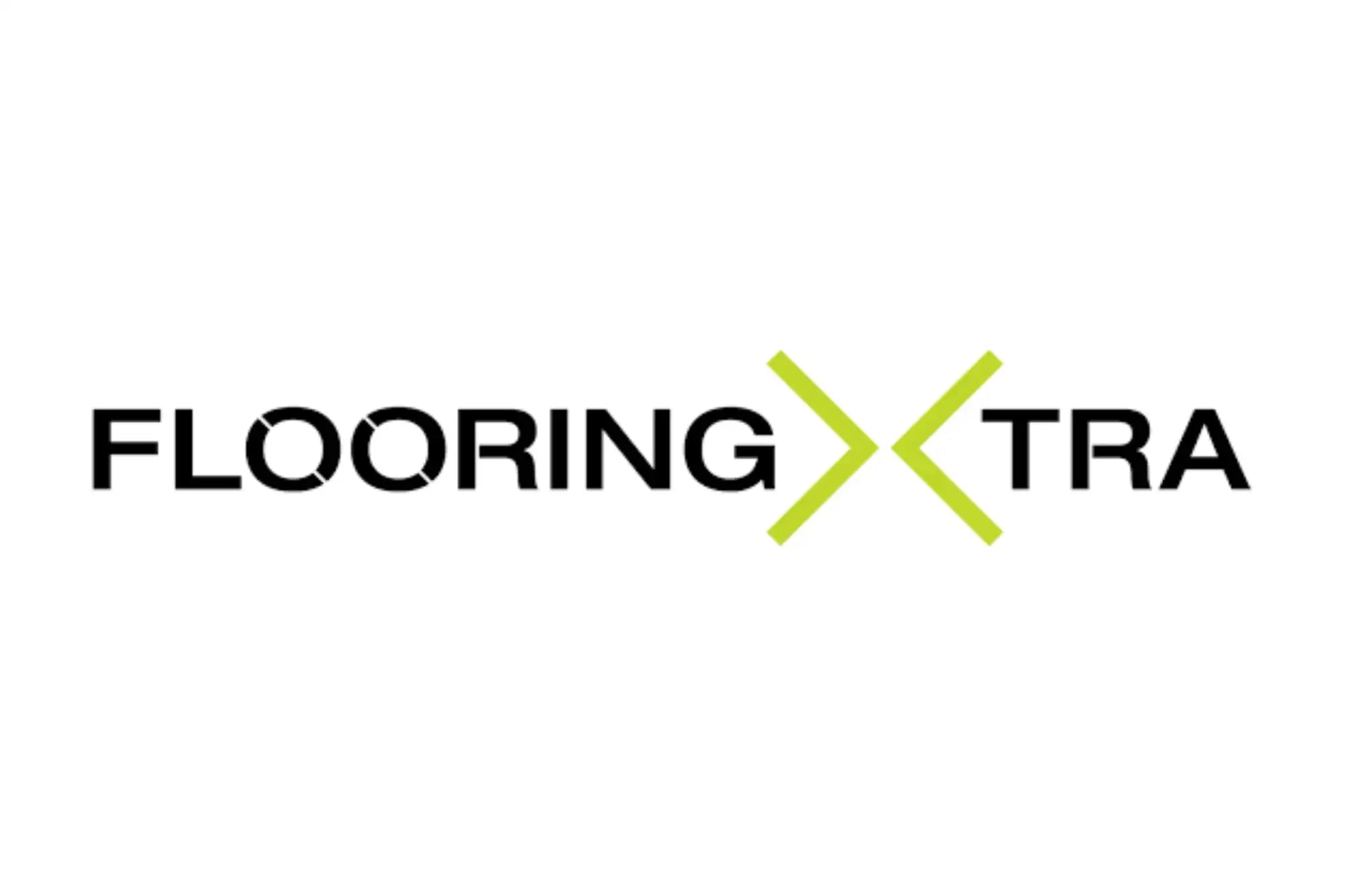 Flooringxtra logo featuring bold black text with a lime green stylized x symbol.