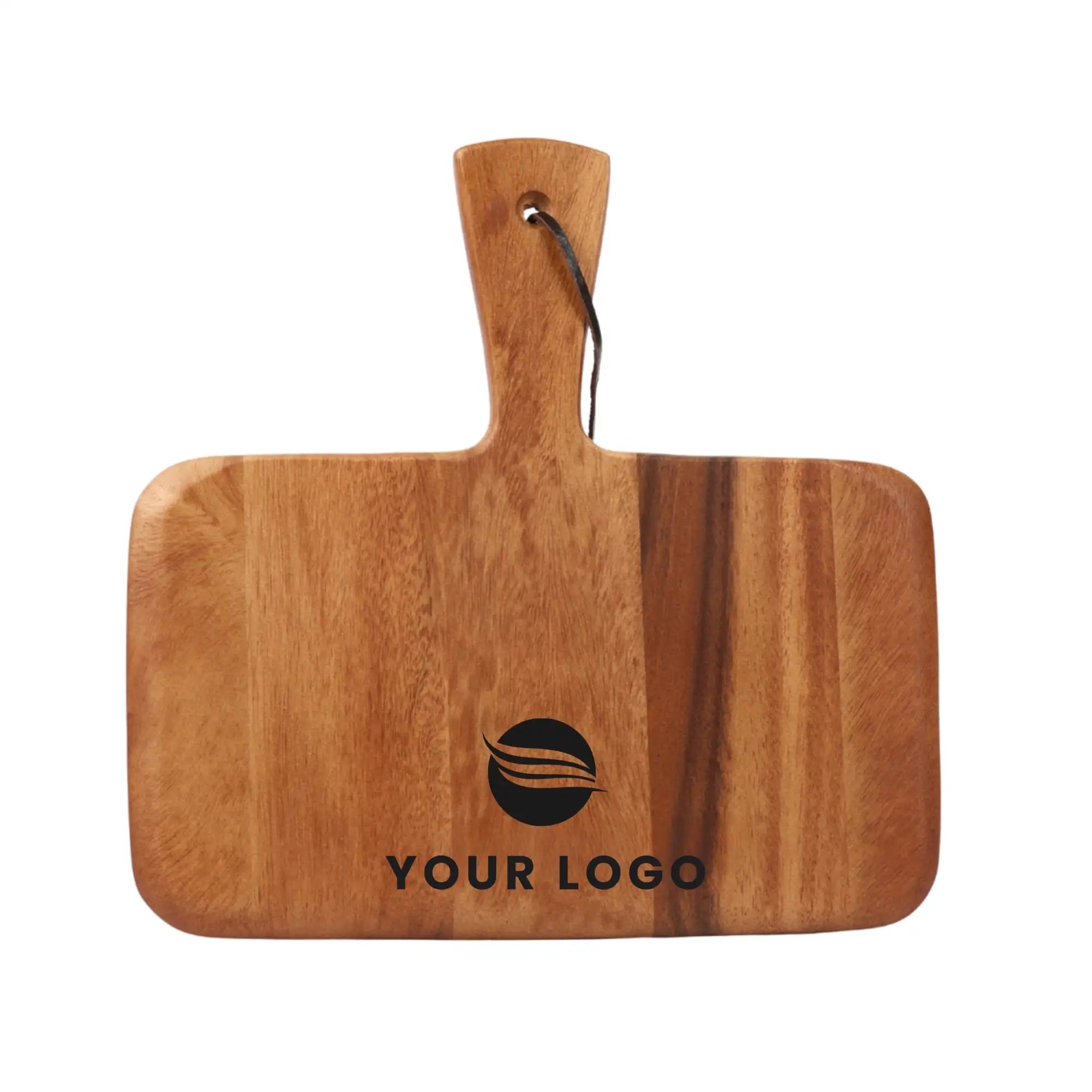 A light brown wooden cutting board with a handle and a black logo engraved on its surface.