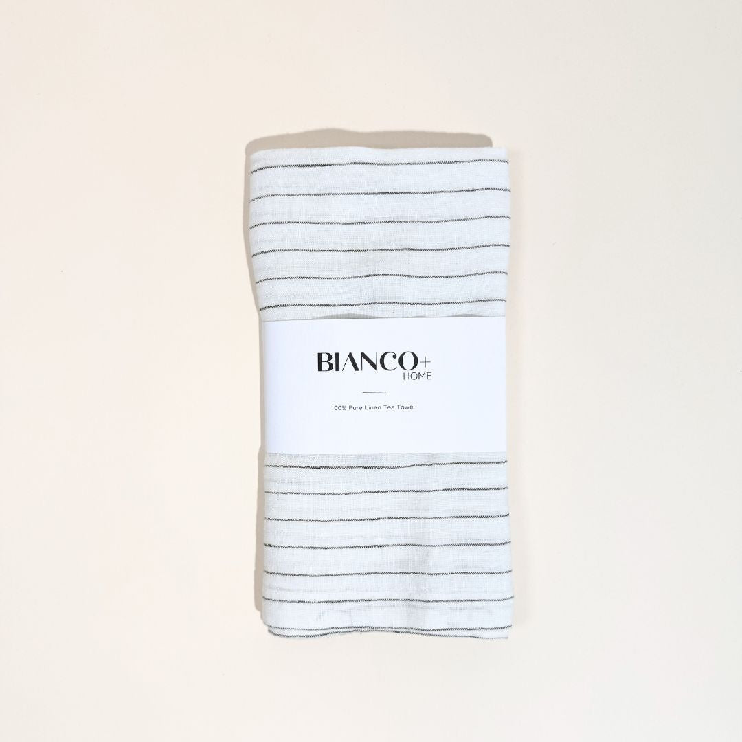Linen tea towel white & green pinstripe - gift box nz