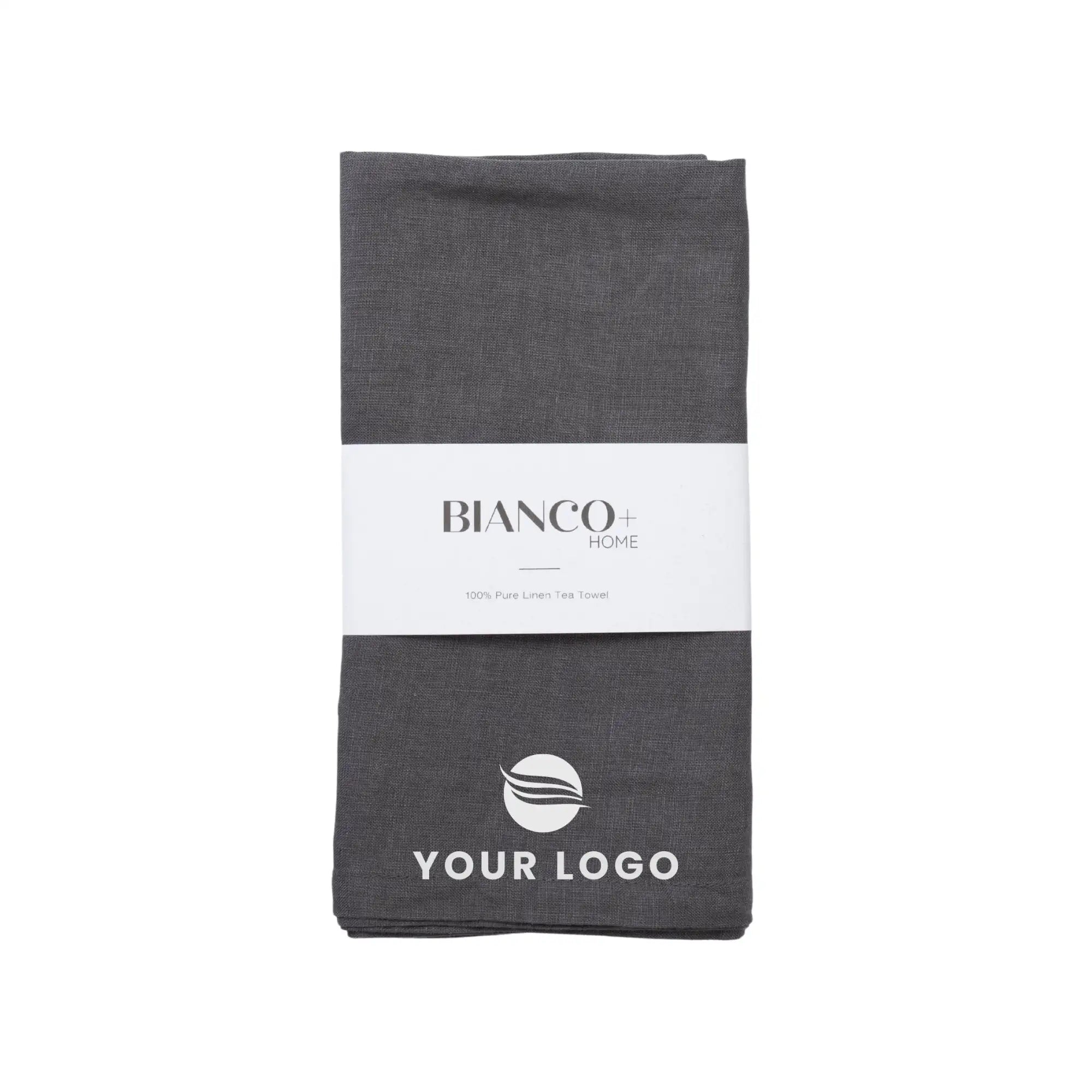 A neatly folded dark gray linen tea towel from bianco+home, featuring a minimalist white label and logo.