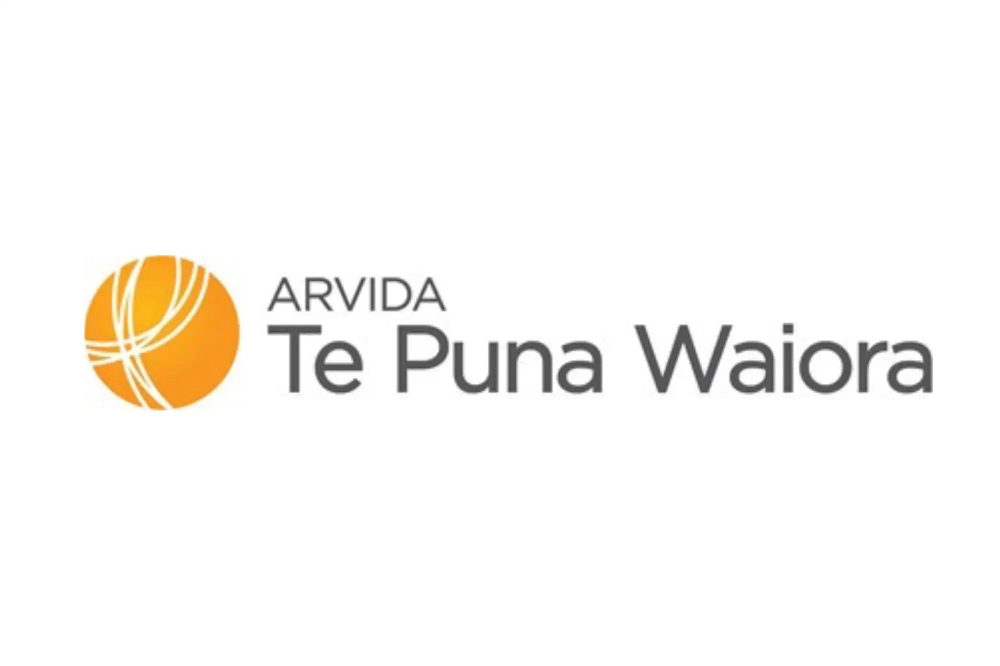 Orange circular logo with white intersecting lines next to the text ’arvida te puna waiora.’