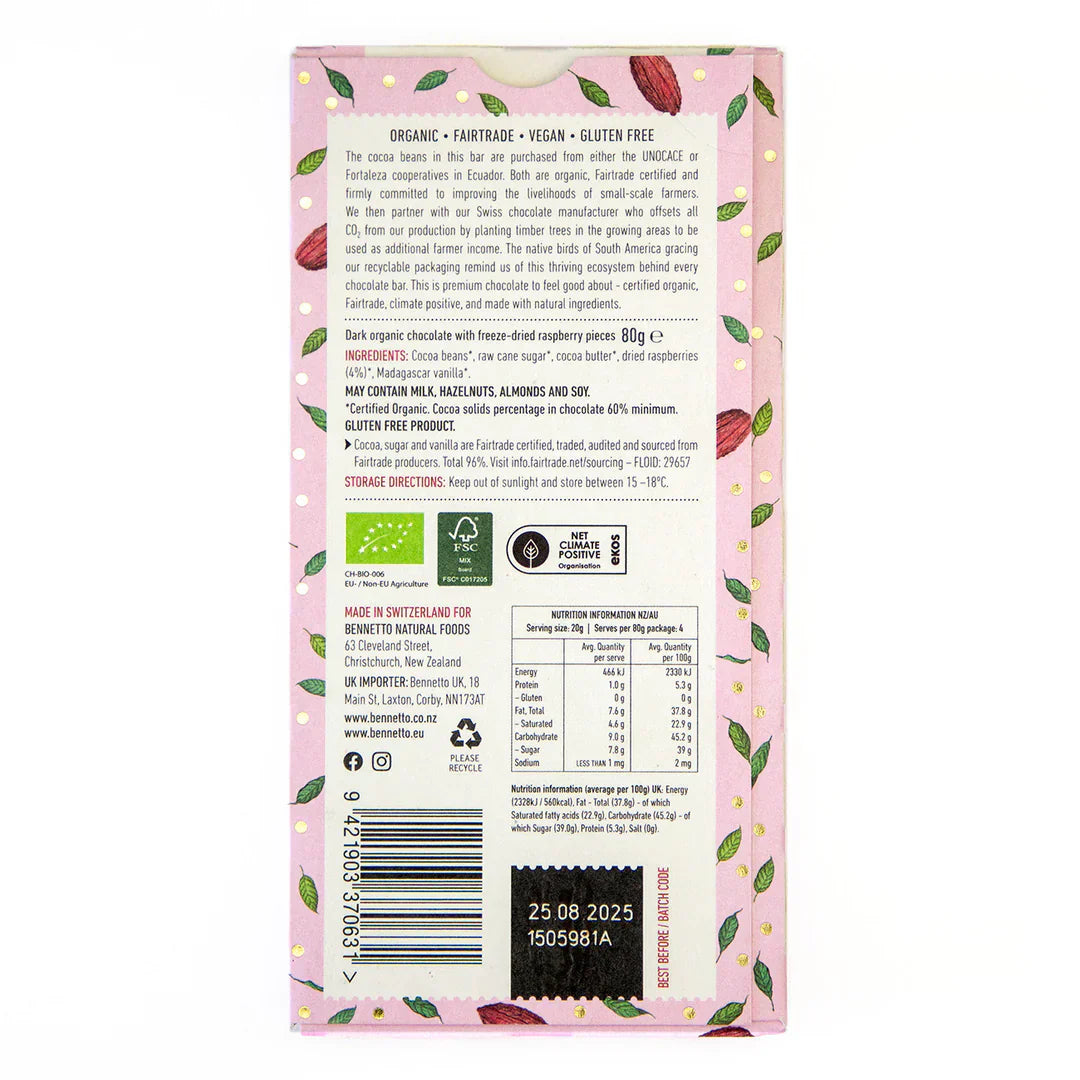 Raspberry dark chocolate bar - gift box nz