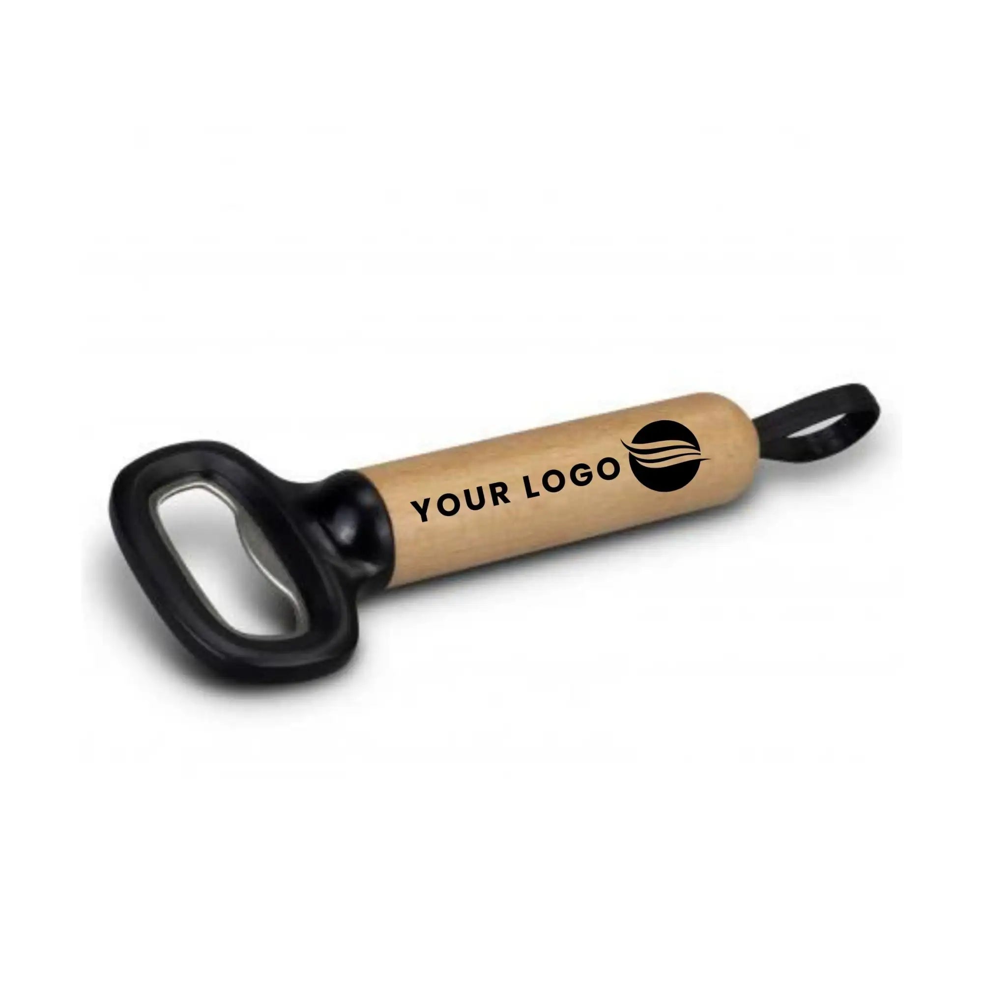 A sleek wooden bottle opener with a black plastic handle and loop, featuring engraved branding space.