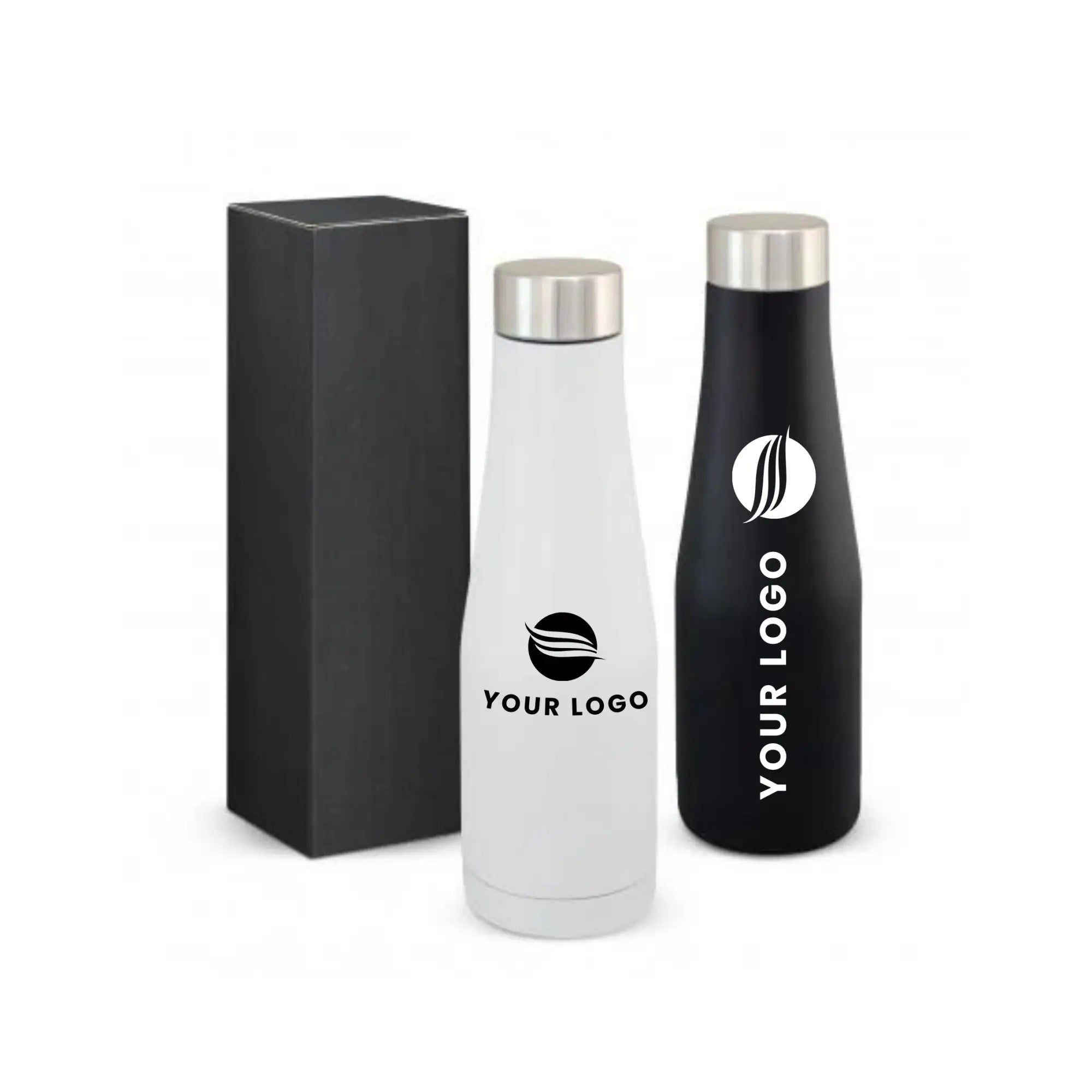 White and black stainless steel insulated water bottles with silver caps, featuring customizable logo designs.