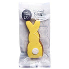 Handmade Molly Woppy gingerbread bunny cookie with bright yellow icing
